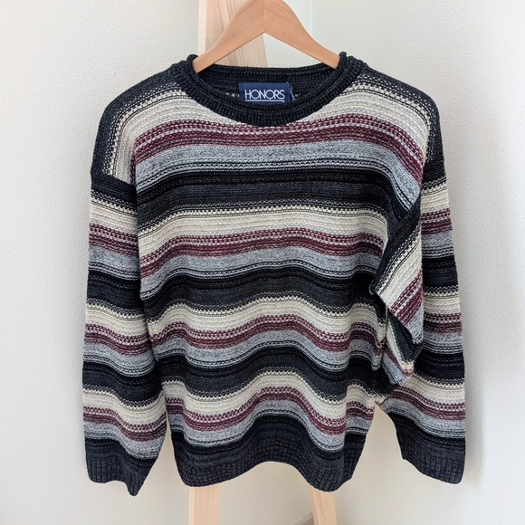 Vintage Striped Textured Patterned Crewneck In Sweater In Dark Gray/Burgundy - Picture 3 of 8